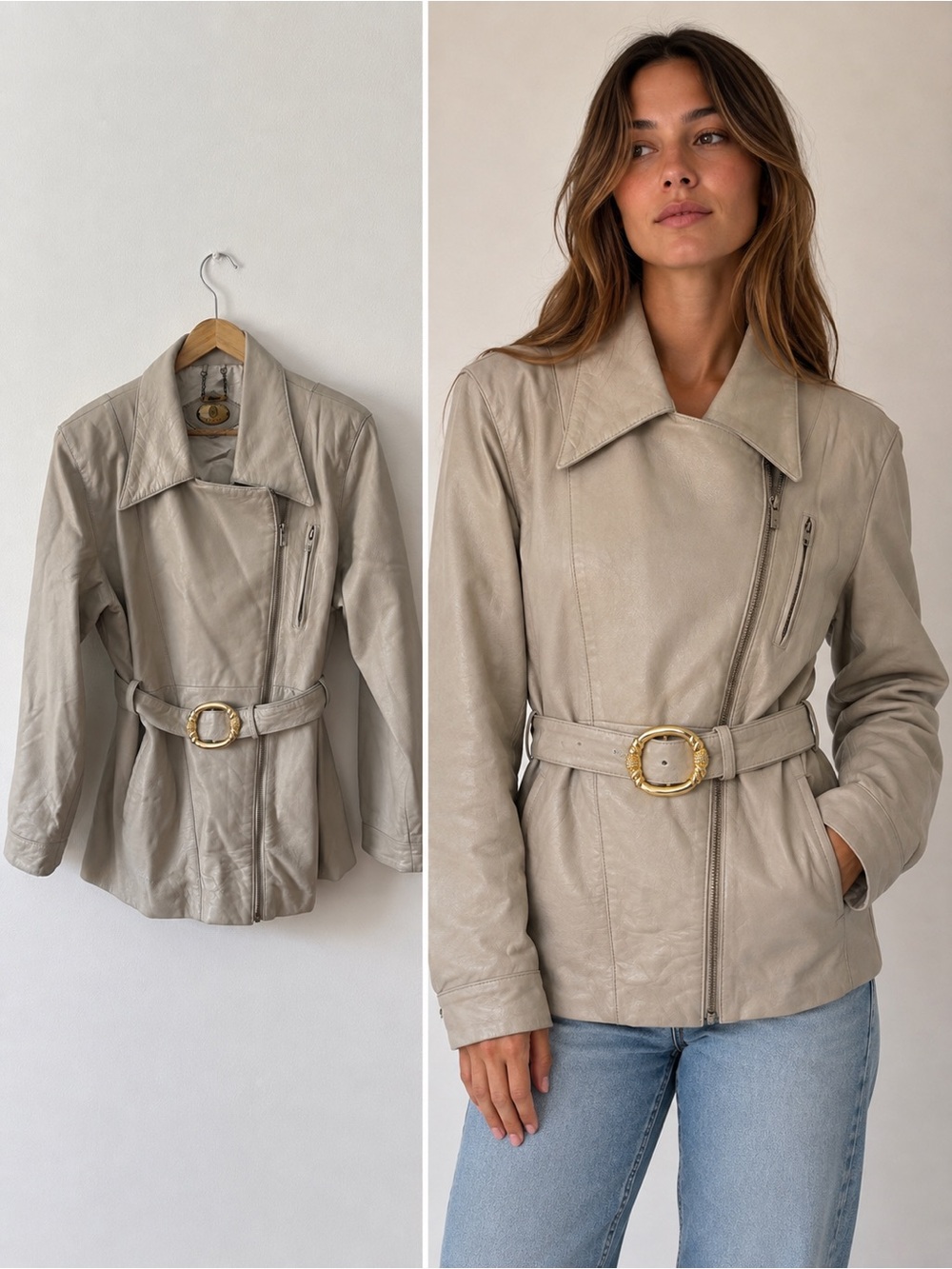 Vintage 90s Butter Soft Leather Belted Jacket Beige Size Large Minimalist Fall
